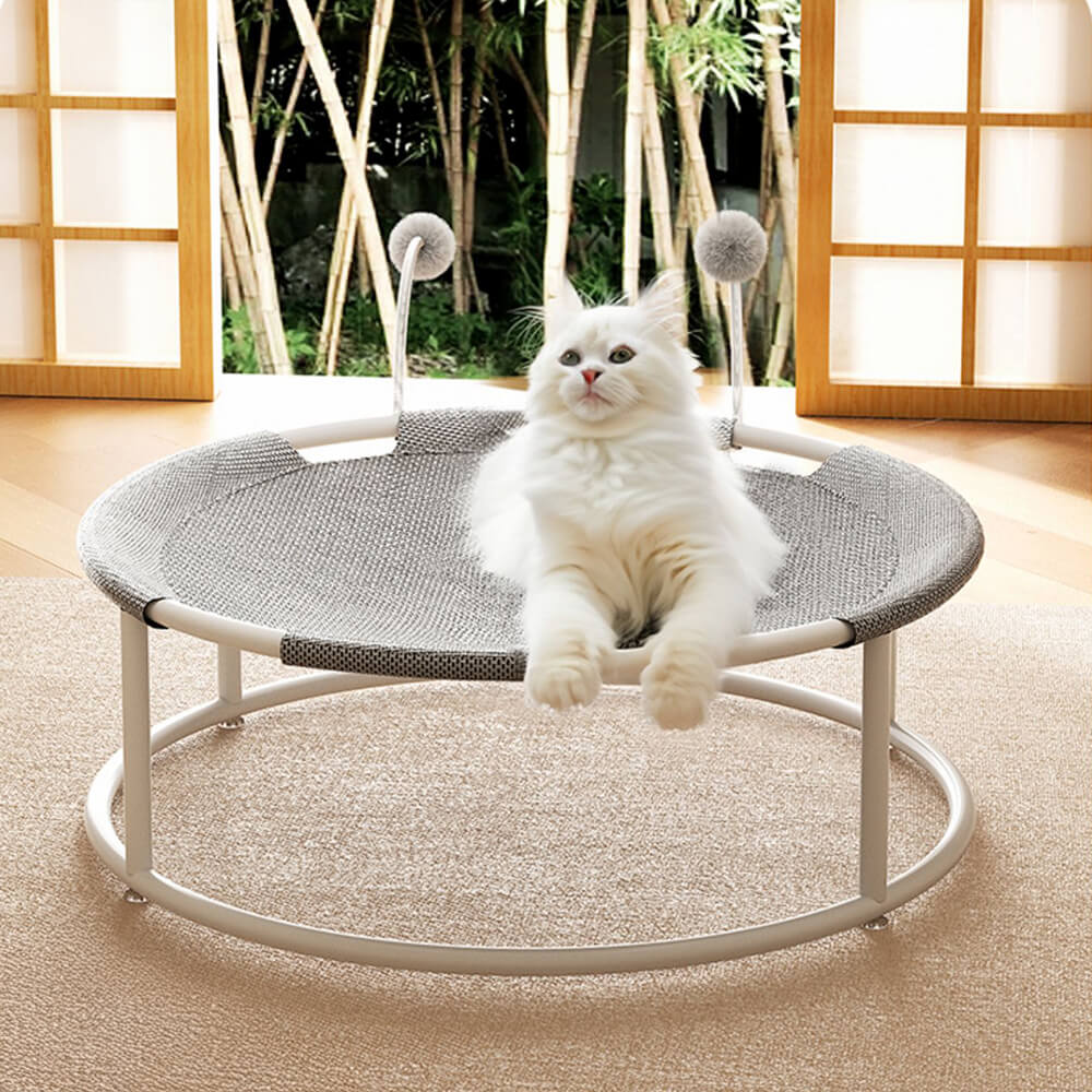 Round Breathable Moisture-Proof Warm Mesh Cat Bed with Pom-Poms