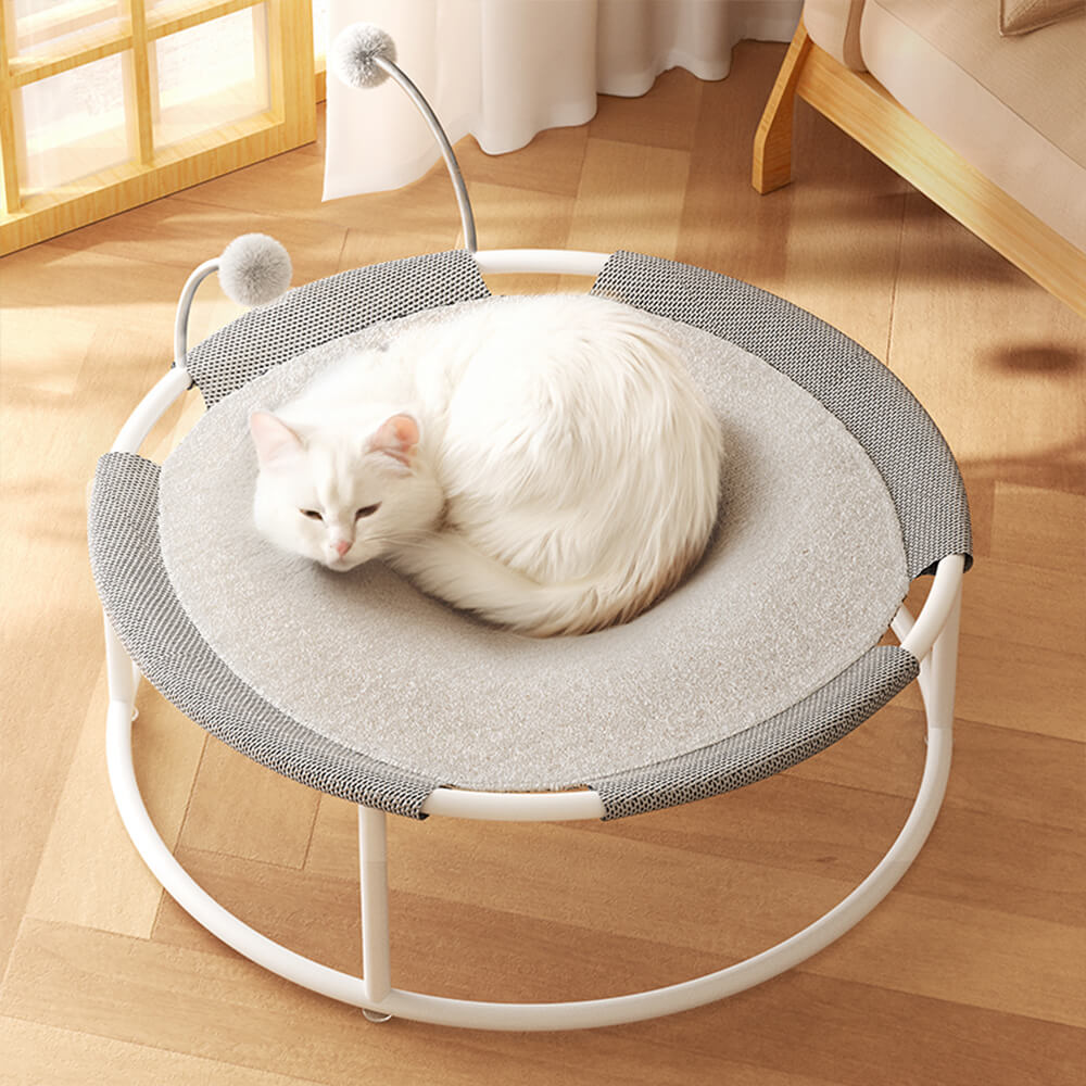 Round Breathable Moisture-Proof Warm Mesh Cat Bed with Pom-Poms