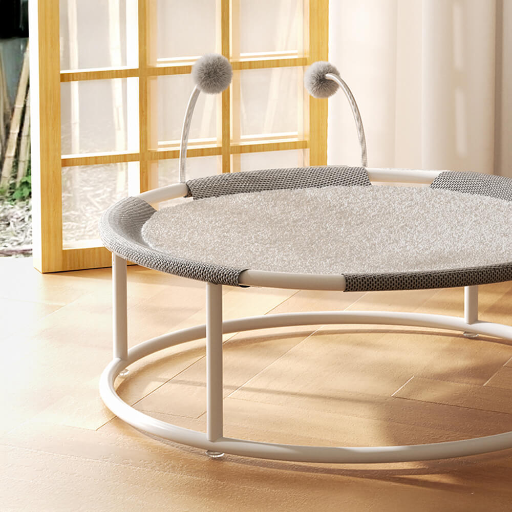 Round Breathable Moisture-Proof Warm Mesh Cat Bed with Pom-Poms