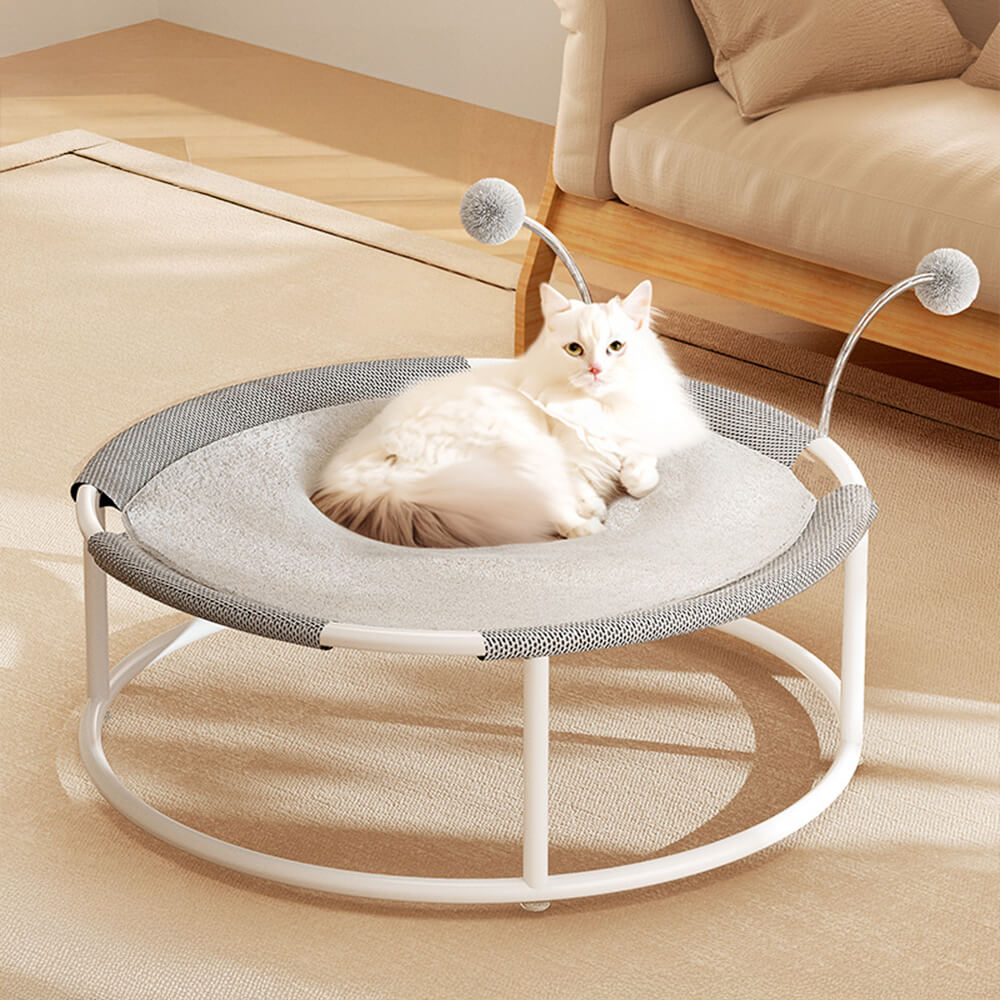 Round Breathable Moisture-Proof Warm Mesh Cat Bed with Pom-Poms