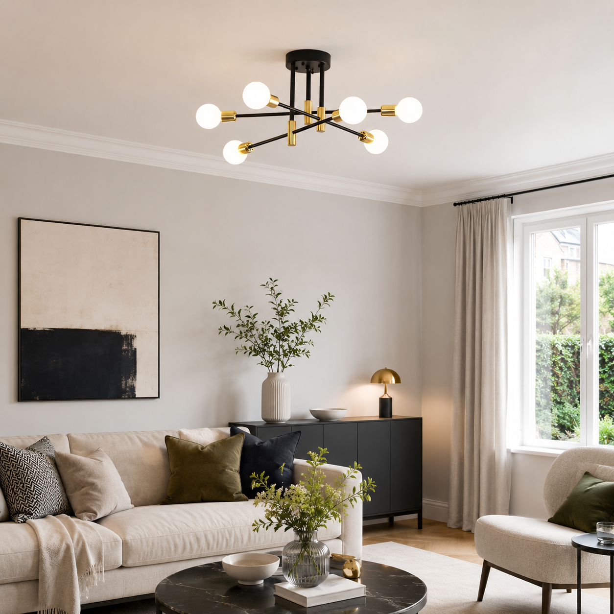 Sputnik Ceiling Light, Mid-Century Semi-Flush Chandelier for Living & Dining Room
