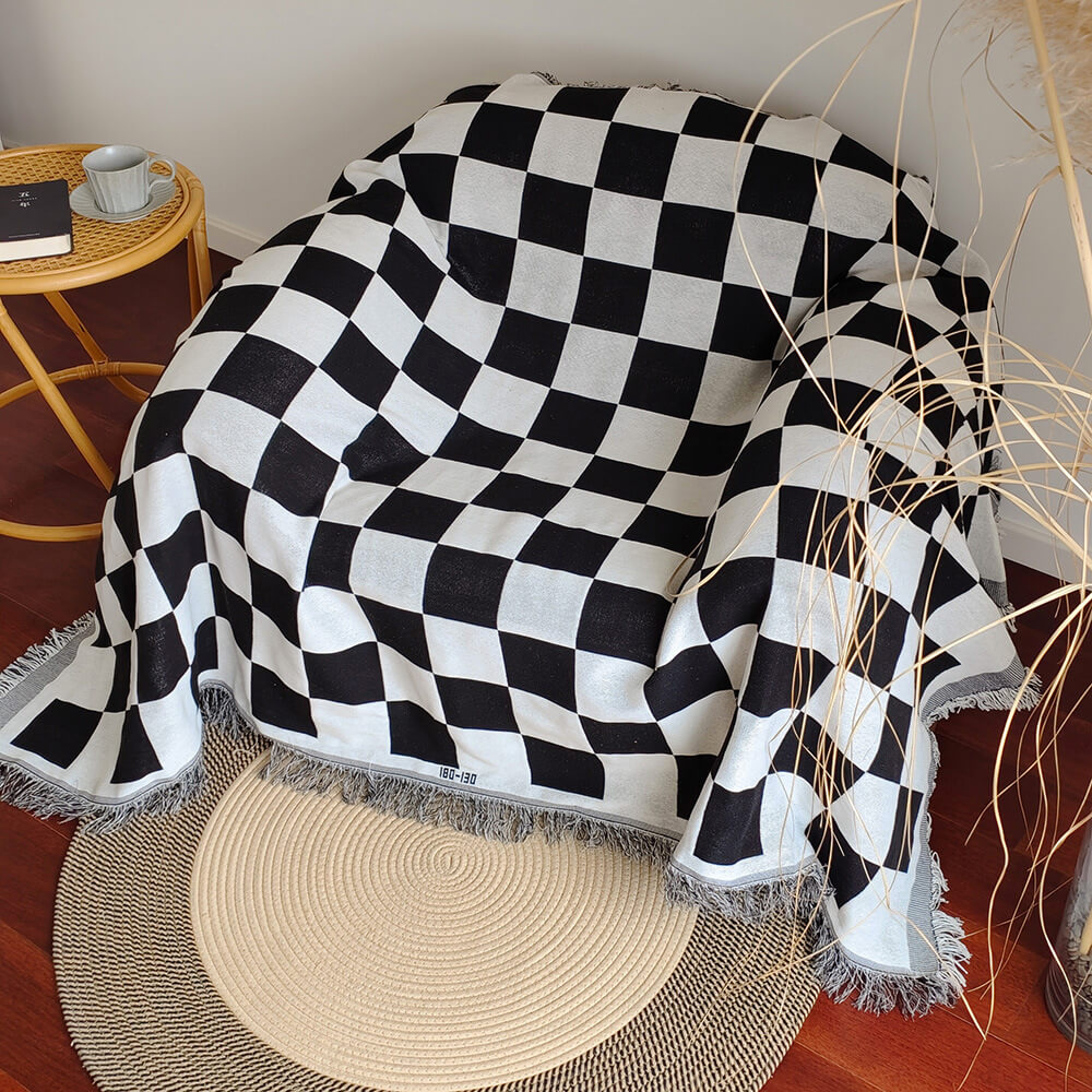 Color Block Checkerboard Fringe Trim Sofa Blanket Cover