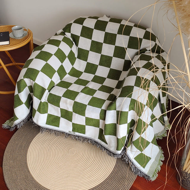Color Block Checkerboard Fringe Trim Sofa Blanket Cover