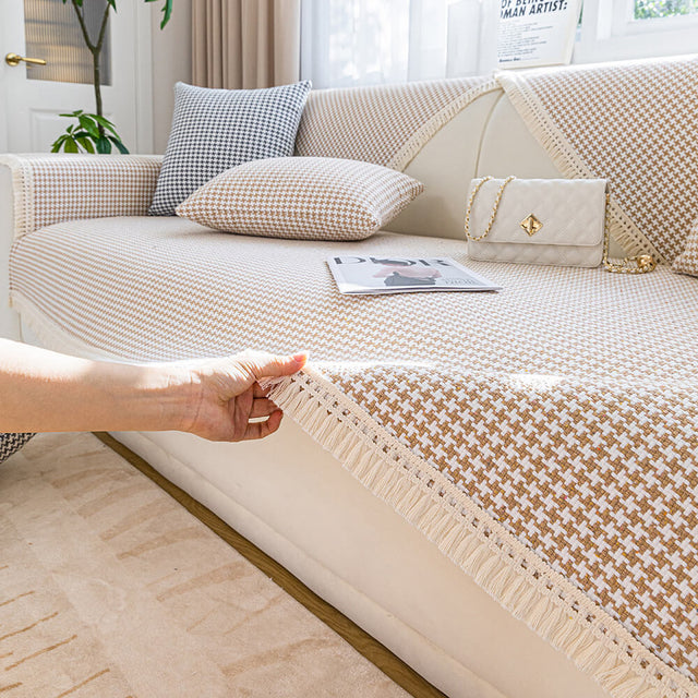 Houndstooth Pattern Elegant Fringe Soft Cotton Linen Couch Cover
