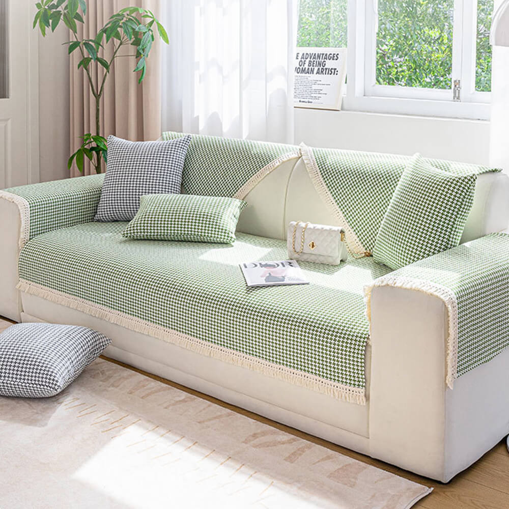 Houndstooth Pattern Elegant Fringe Soft Cotton Linen Couch Cover