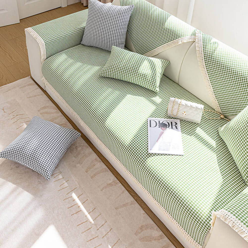 Houndstooth Pattern Elegant Fringe Soft Cotton Linen Couch Cover