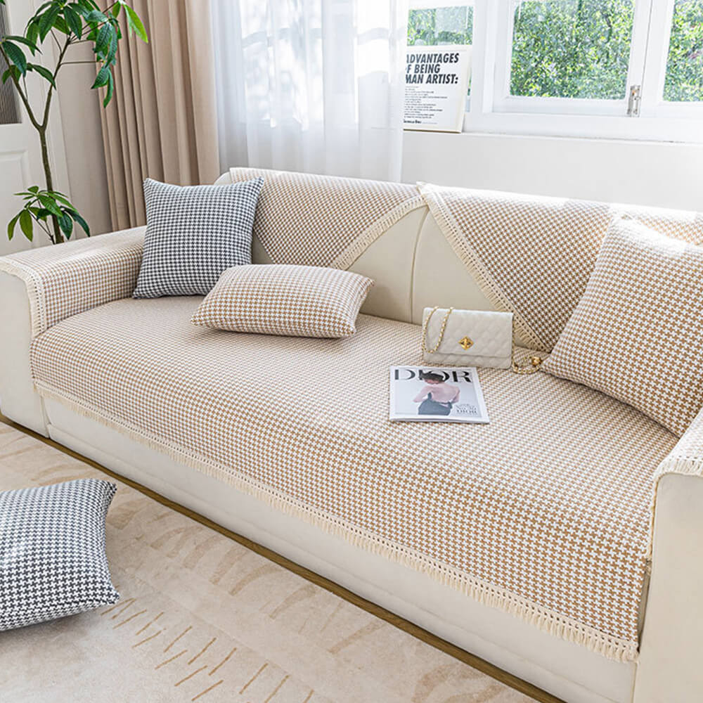 Houndstooth Pattern Elegant Fringe Soft Cotton Linen Couch Cover