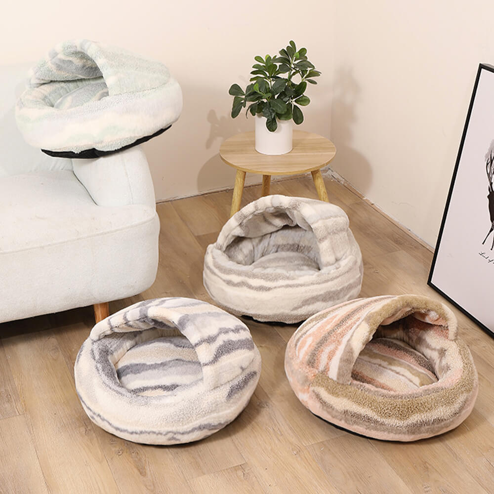 Marble-Striped Cave Bed Cozy Stylish Secure Plush Comfort