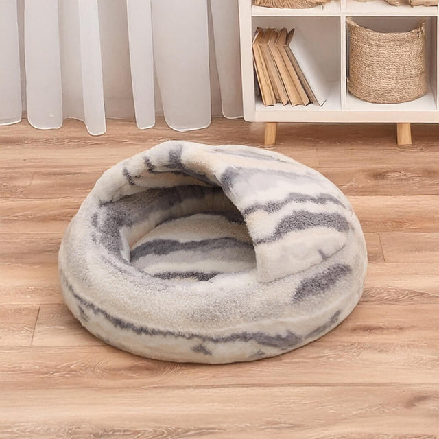 Marble-Striped Cave Bed Cozy Stylish Secure Plush Comfort