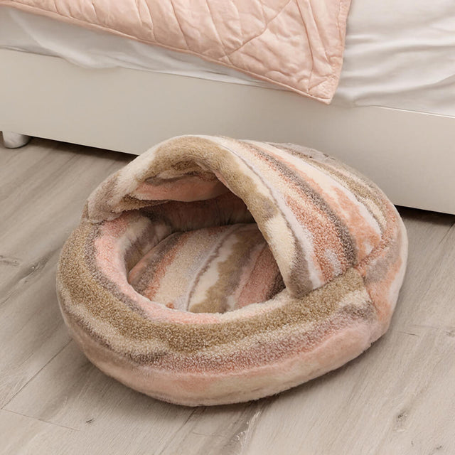 Marble-Striped Cave Bed Cozy Stylish Secure Plush Comfort