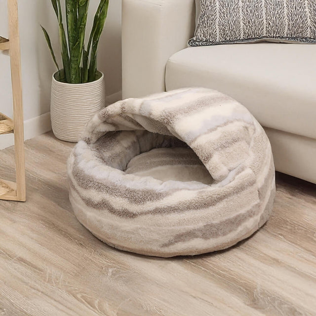 Marble-Striped Cave Bed Cozy Stylish Secure Plush Comfort