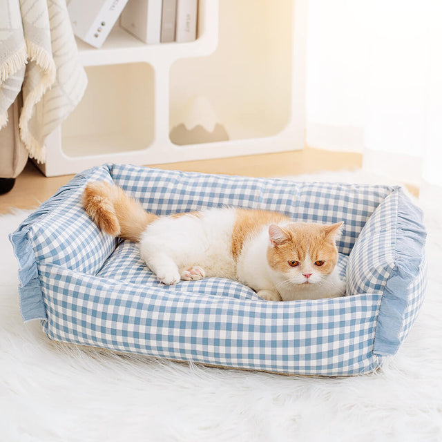 Soft Cotton Plaid Pet Bed Cozy Breathable Easy to Clean