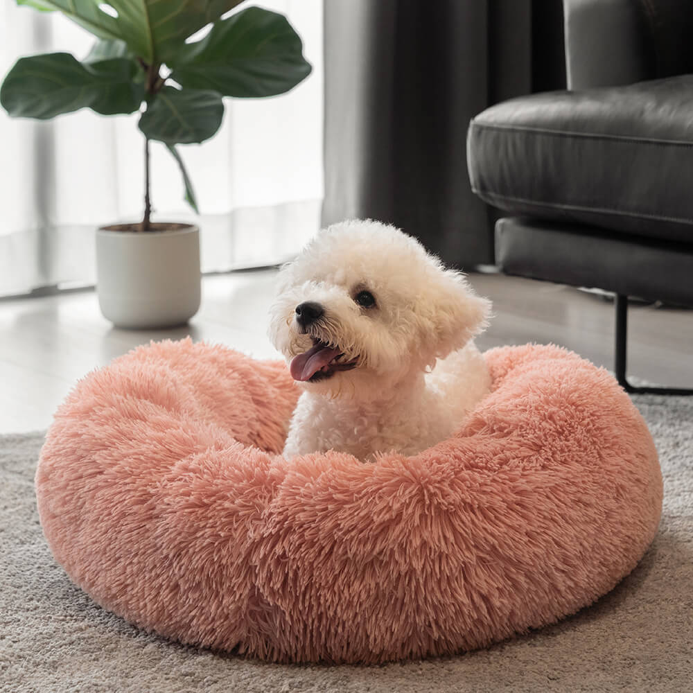 Round Fluffy Dog Bed Soft Nylon Faux Fur Removable Cover
