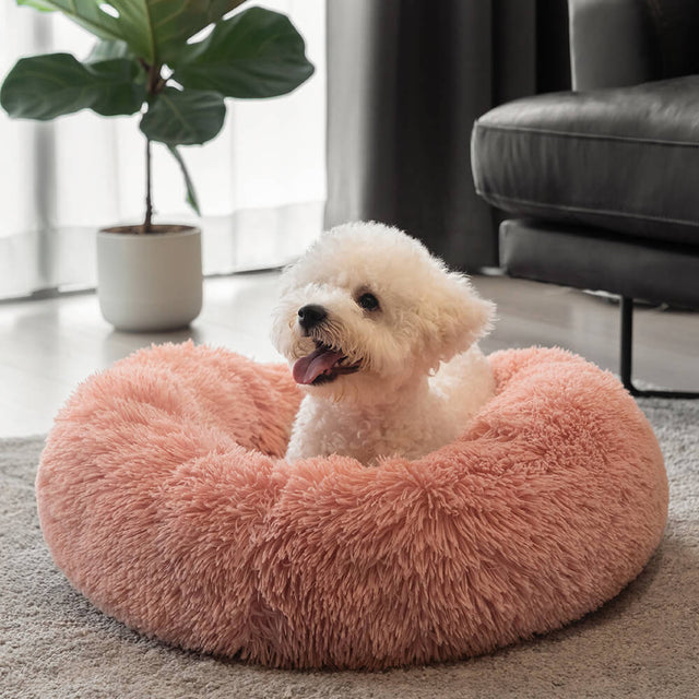 Round Fluffy Dog Bed Soft Nylon Faux Fur Removable Cover