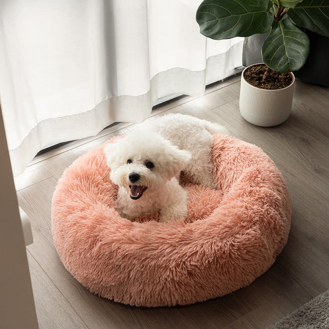 Round Fluffy Dog Bed Soft Nylon Faux Fur Removable Cover