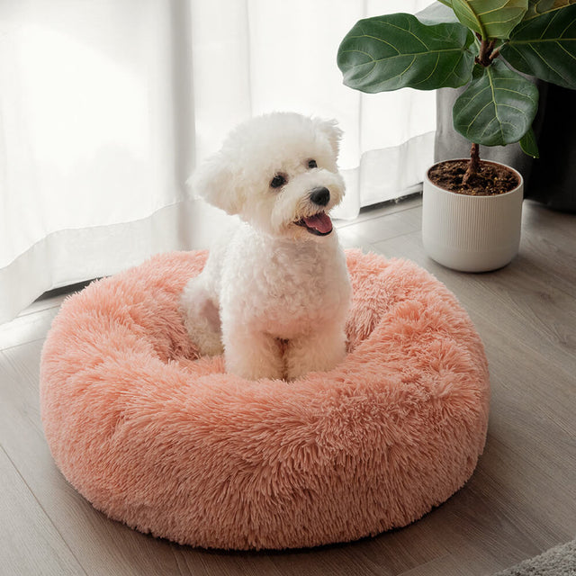 Round Fluffy Dog Bed Soft Nylon Faux Fur Removable Cover