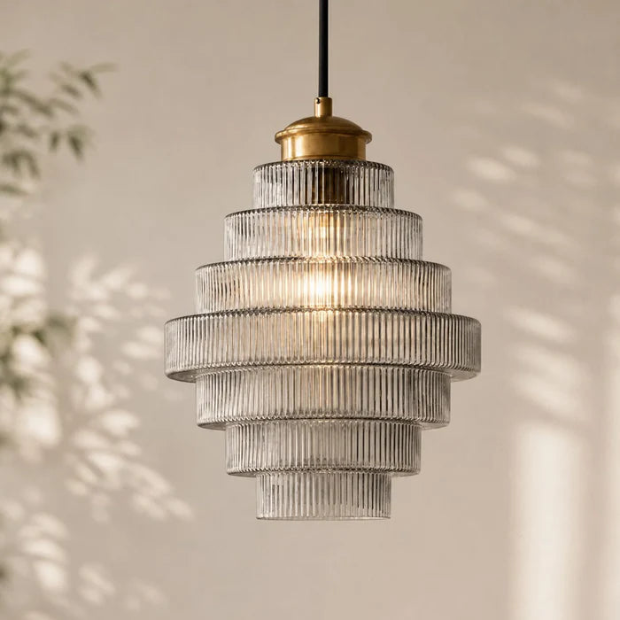 Tiered Ribbed Glass Pendant Light, Art Deco Brass Ceiling Lamp