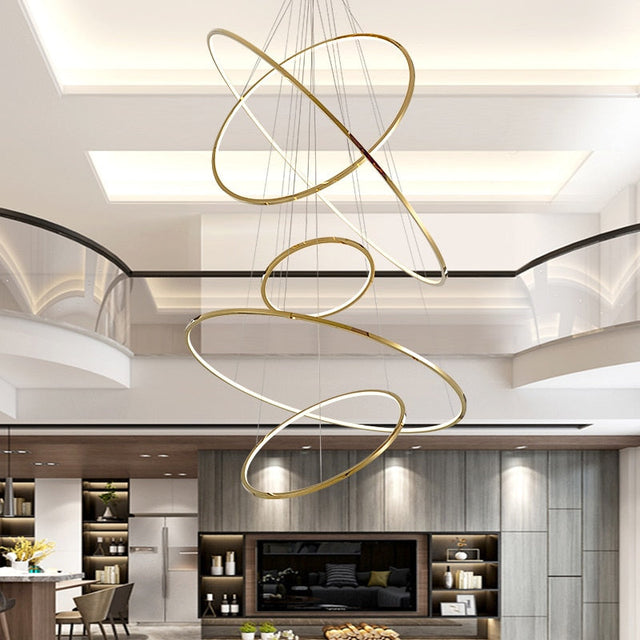 Vienna Chandelier – Modern LED Pendant Light with Stainless Steel & Gold Finish | Adjustable Hanging Length, Perfect for High Ceilings