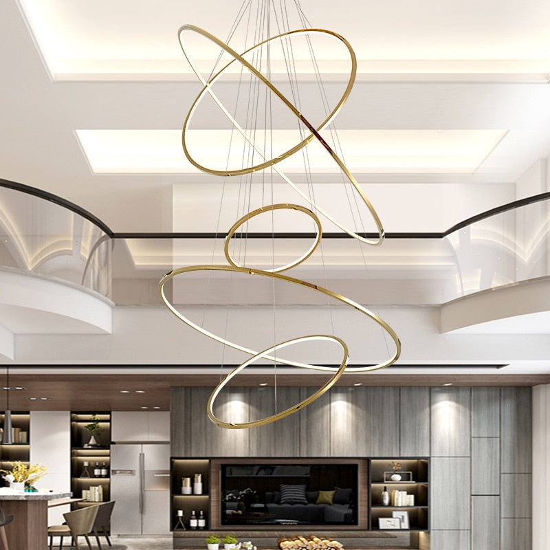 Vienna Chandelier – Modern LED Pendant Light with Stainless Steel & Gold Finish | Adjustable Hanging Length, Perfect for High Ceilings