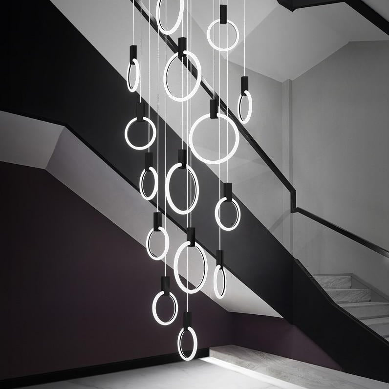 Halo LED Stair Chandelier – Modern Aluminum & Acrylic Hanging Light