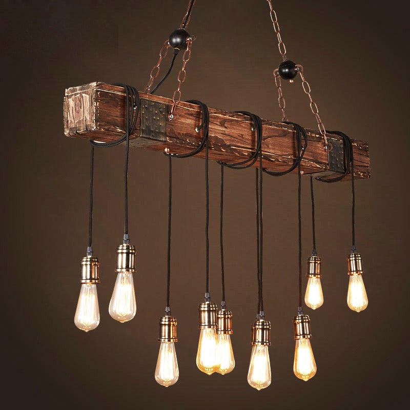Loft Bar Chandelier - Industrial Vintage Wood & Metal LED Pendant Light for Living Rooms & Bars
