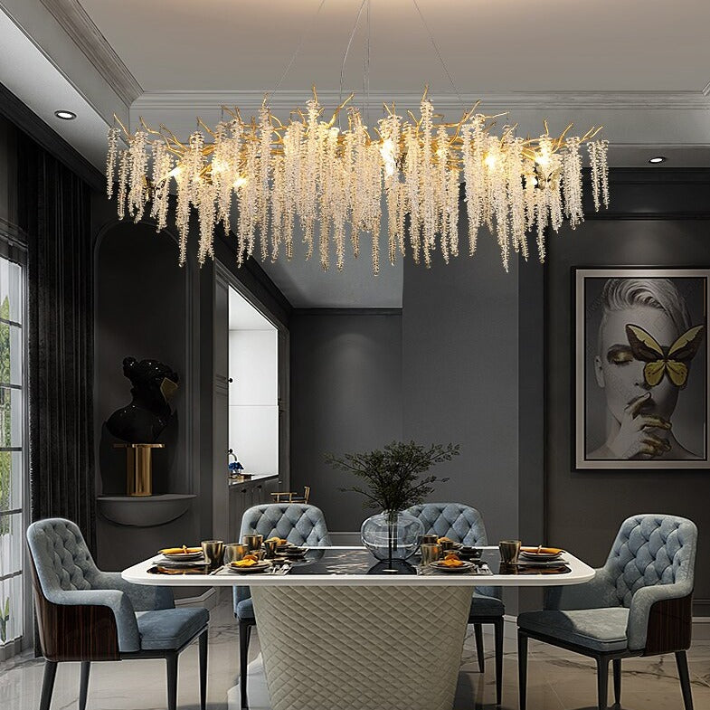 Essence Crystal LED Chandelier – Organic K9 Crystal Clusters with Gold Metal Frame for Dining, Living Room & Hotel