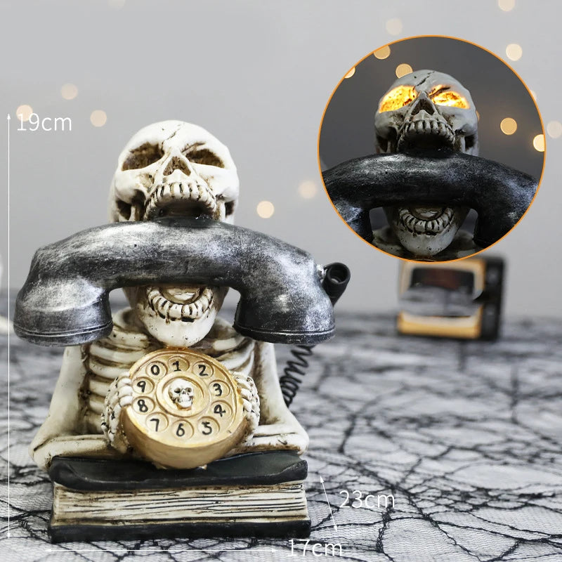 Halloween Glow Skull Phone Decoration – Unique Resin Sculpture for Spooky Home and Party Decor, 17x19x13 cm 1