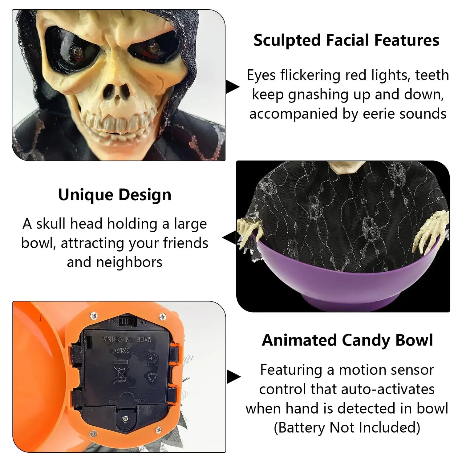 Halloween Motion Activated Candy Bowl – Skeleton Design with Flashing Eyes and Sounds, Perfect for Trick-or-Treating and Parties 3