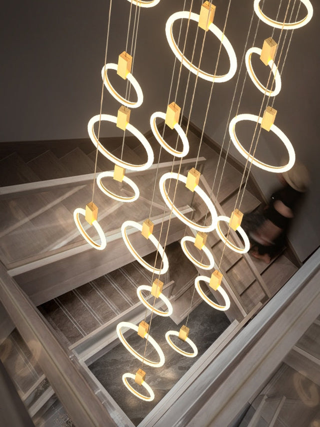 Halo LED Stair Chandelier – Modern Aluminum & Acrylic Hanging Light