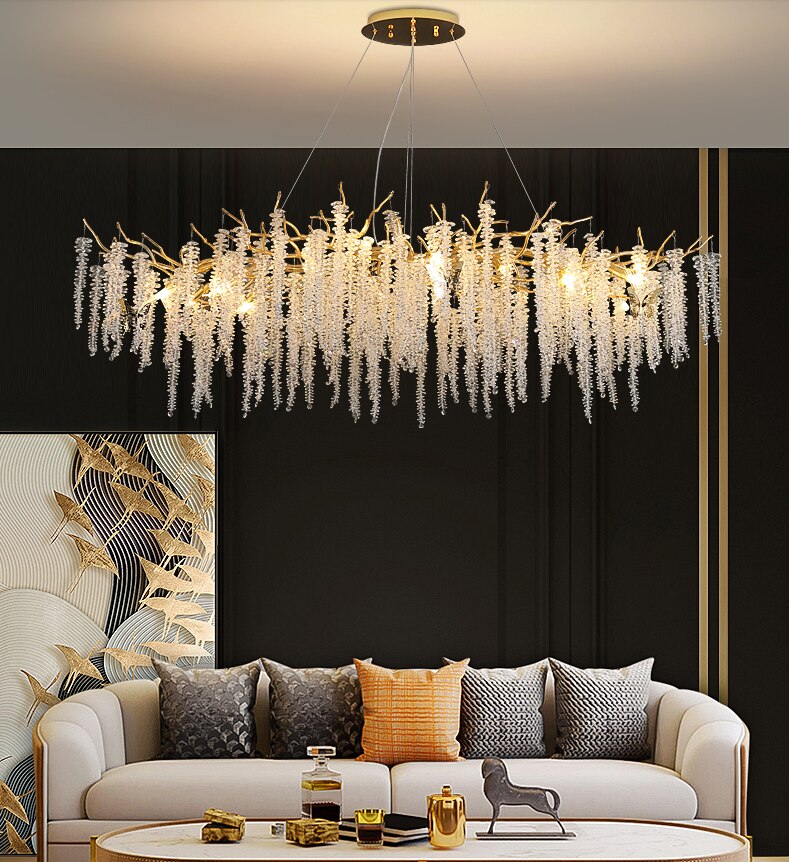 Essence Crystal LED Chandelier – Organic K9 Crystal Clusters with Gold Metal Frame for Dining, Living Room & Hotel