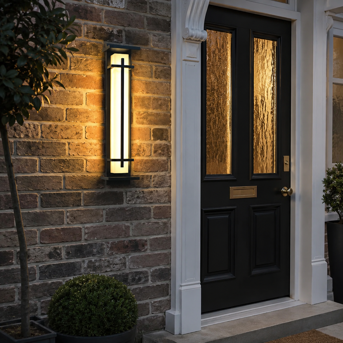 Tall Alabaster Black Outdoor Wall Light, Waterproof LED Caged Garden Bar Light
