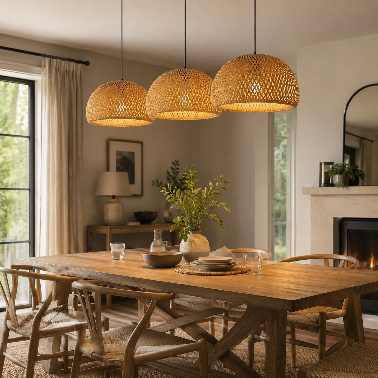 Hand-Woven Bamboo Pendant Light, Boho Japandi Ceiling Lamp