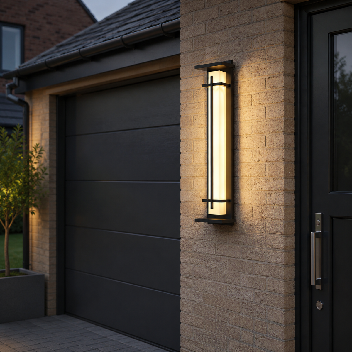 Tall Alabaster Black Outdoor Wall Light, Waterproof LED Caged Garden Bar Light