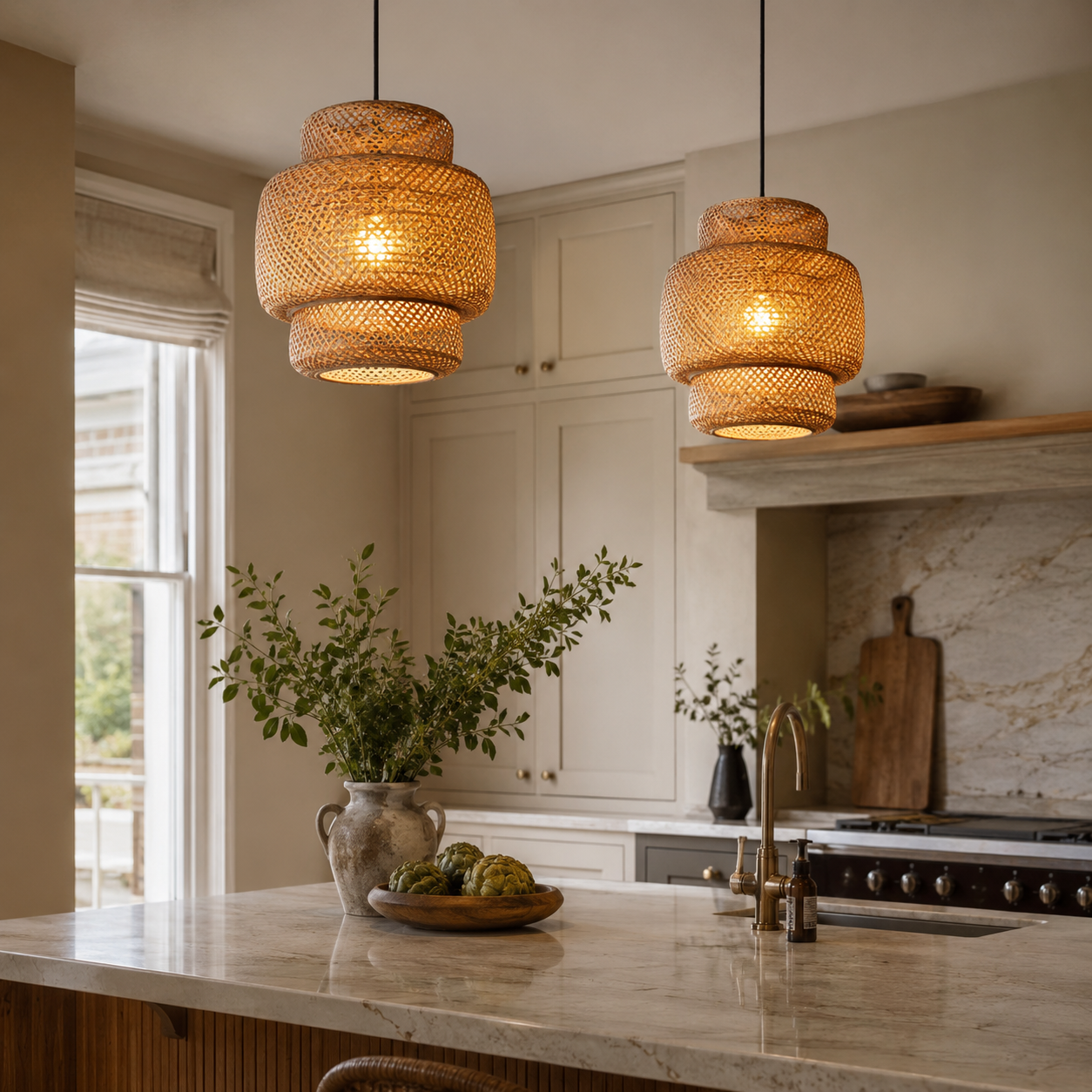 Hand-Woven Bamboo Pendant Light, Boho Japandi Ceiling Lamp
