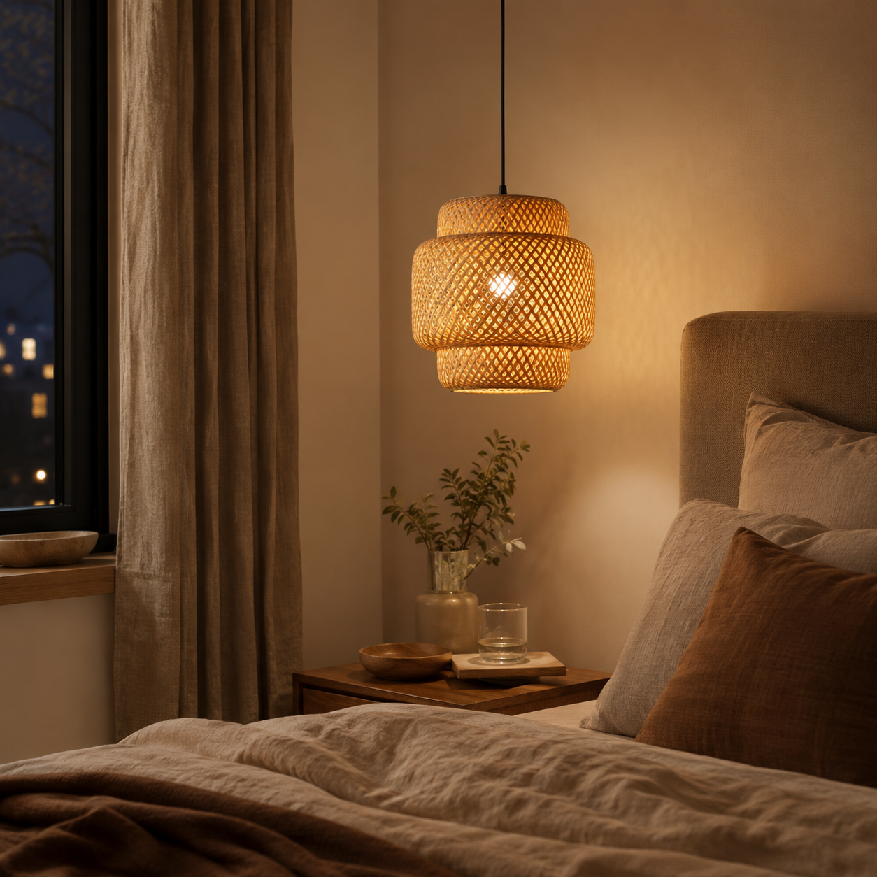 Hand-Woven Bamboo Pendant Light, Boho Japandi Ceiling Lamp