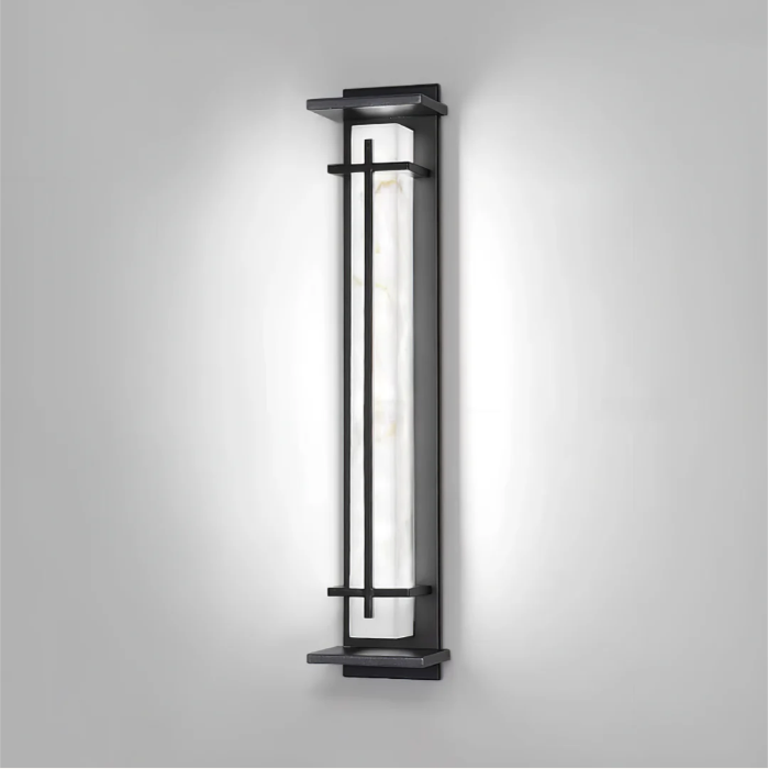 Tall Alabaster Black Outdoor Wall Light, Waterproof LED Caged Garden Bar Light