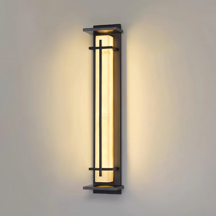 Tall Alabaster Black Outdoor Wall Light, Waterproof LED Caged Garden Bar Light