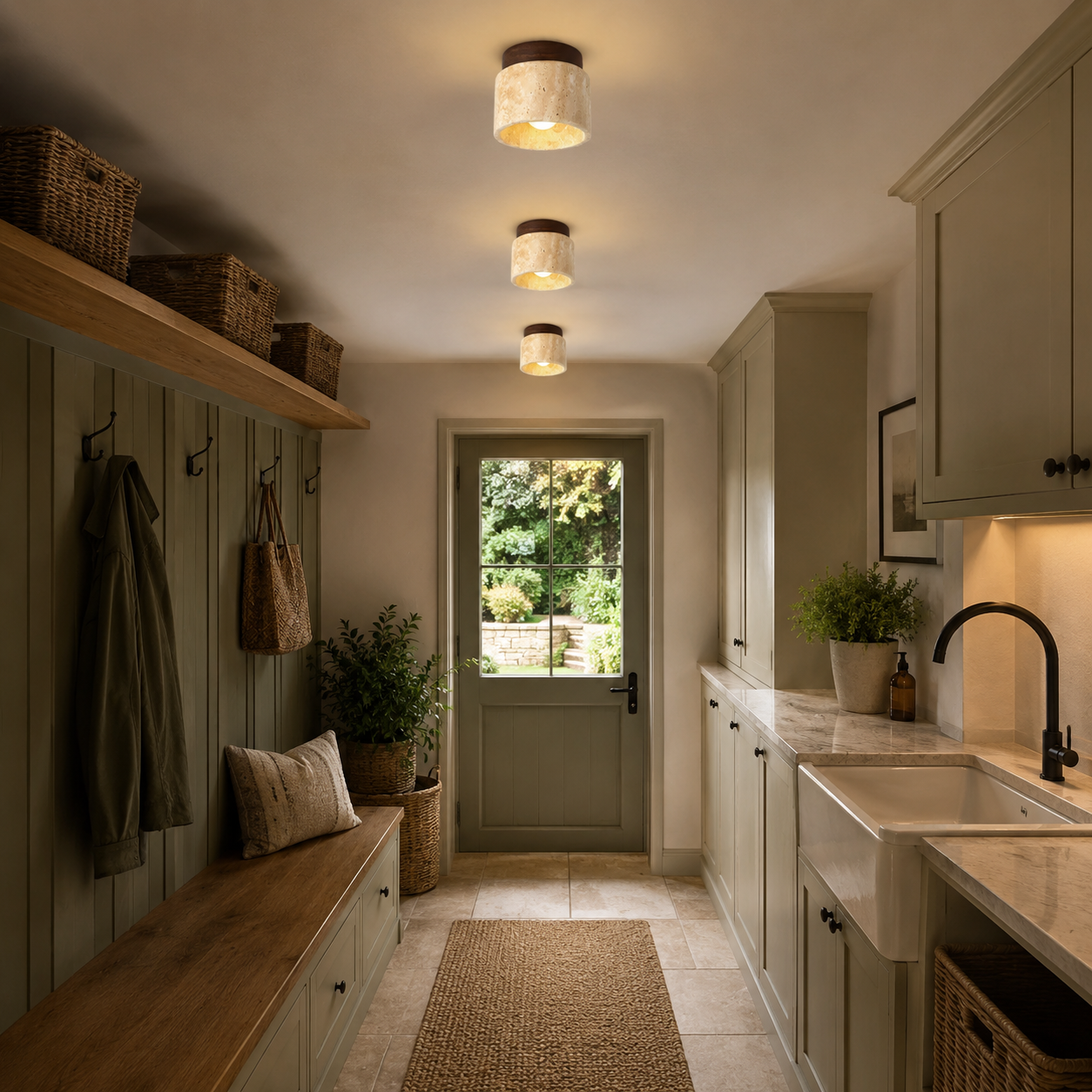Stone & Wood Ceiling Light, Japandi Flush Mount Downlight