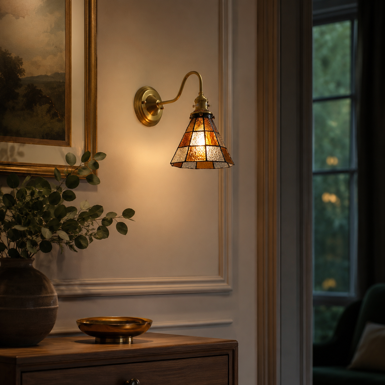 Vintage Glass Wall Sconce, Brass Wall Light for Living Room & Bedroom