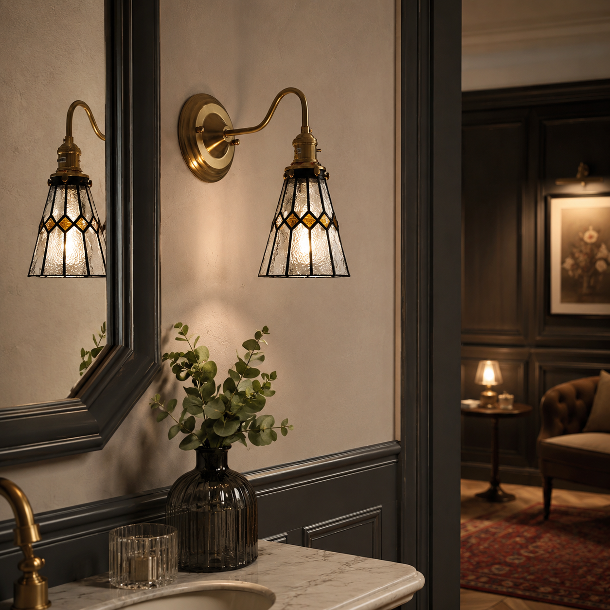 Vintage Glass Wall Sconce, Brass Wall Light for Living Room & Bedroom