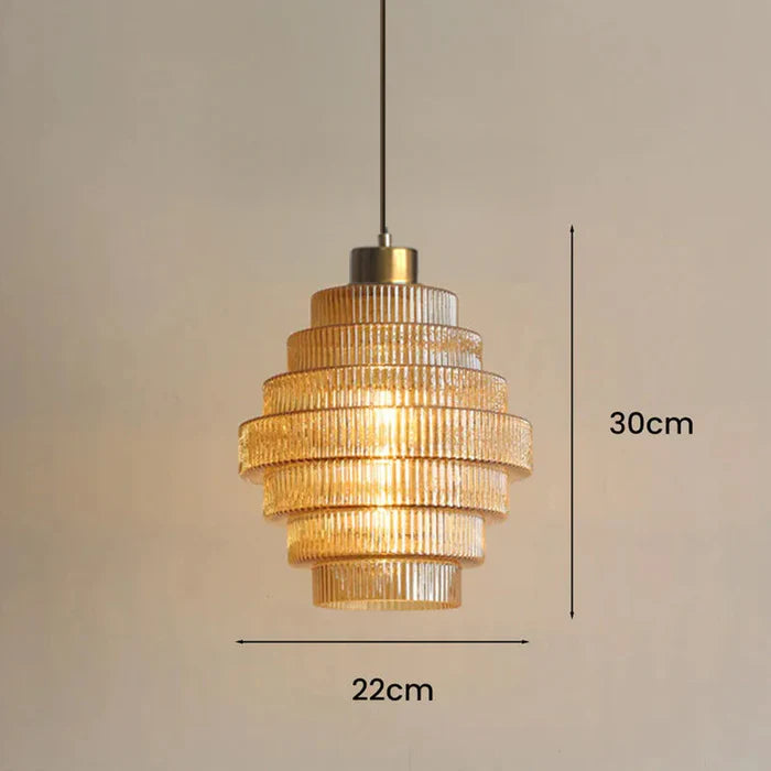 Tiered Ribbed Glass Pendant Light, Art Deco Brass Ceiling Lamp