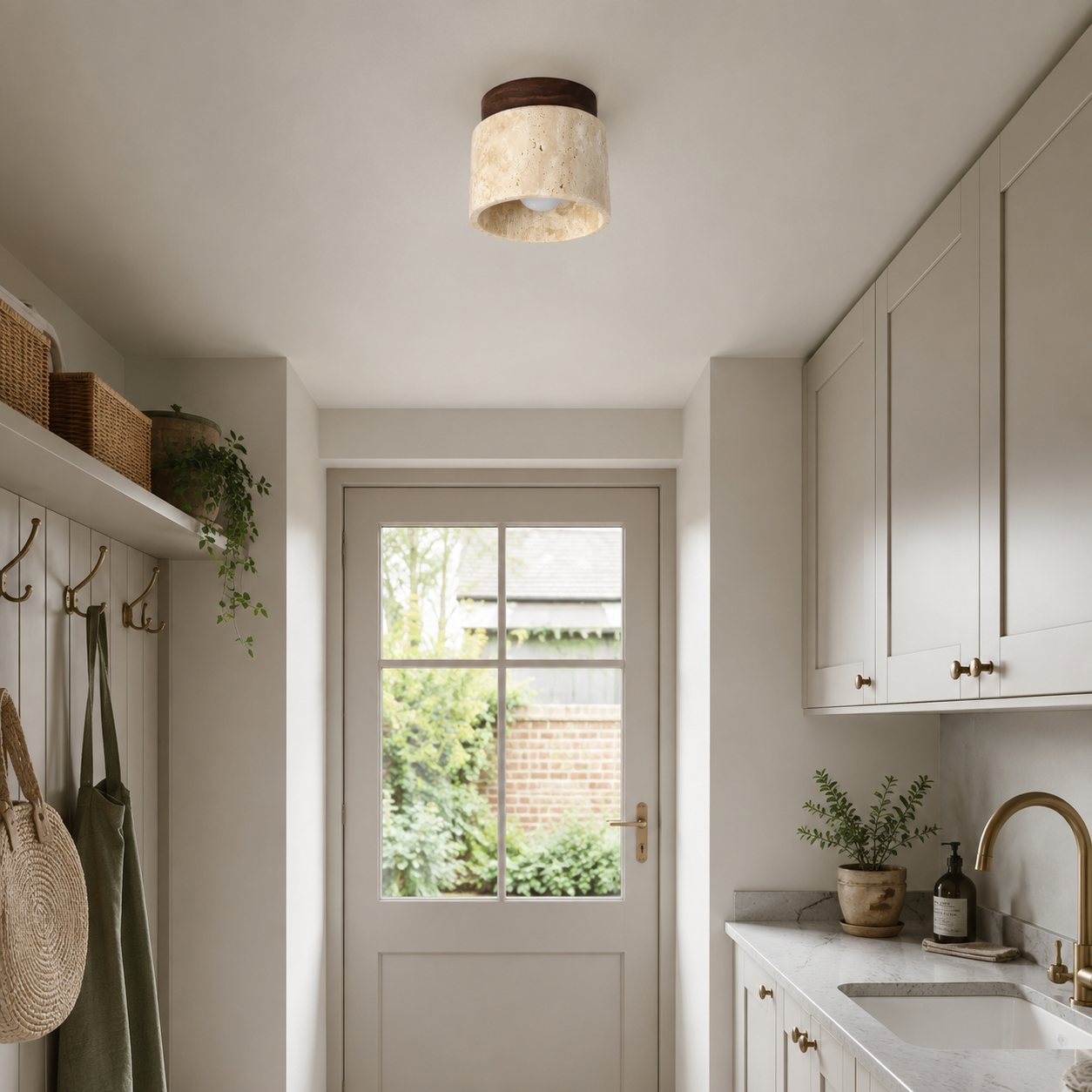 Stone & Wood Ceiling Light, Japandi Flush Mount Downlight
