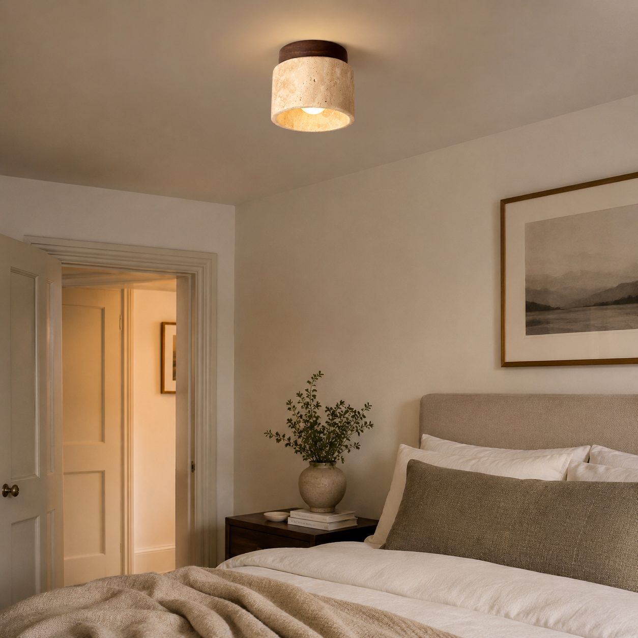 Stone & Wood Ceiling Light, Japandi Flush Mount Downlight
