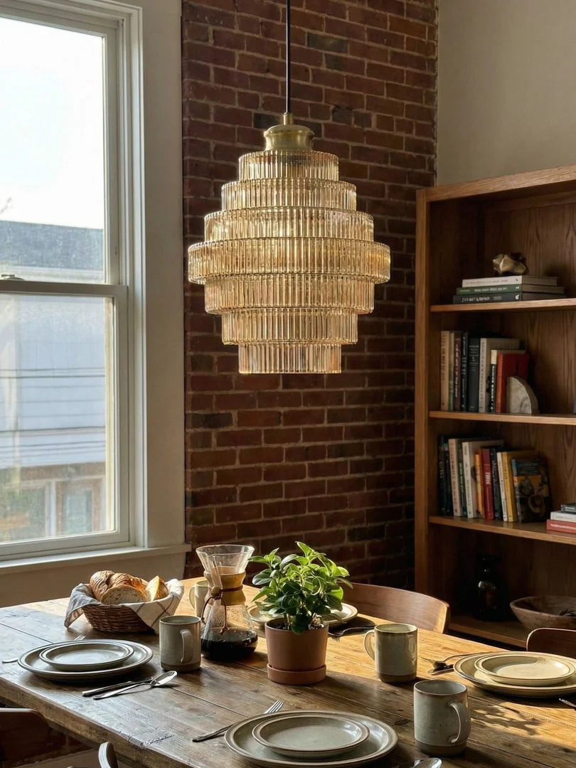 Tiered Ribbed Glass Pendant Light, Art Deco Brass Ceiling Lamp
