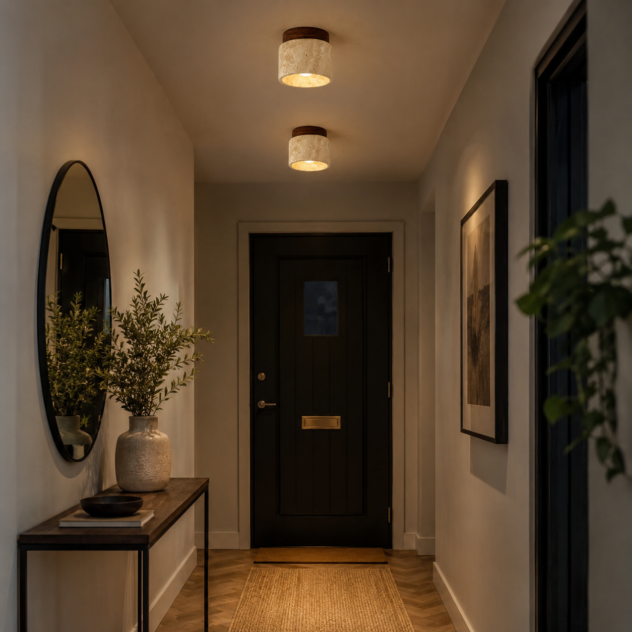 Stone & Wood Ceiling Light, Japandi Flush Mount Downlight