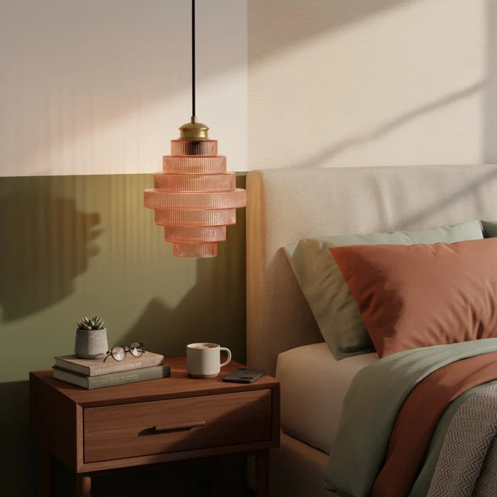 Tiered Ribbed Glass Pendant Light, Art Deco Brass Ceiling Lamp
