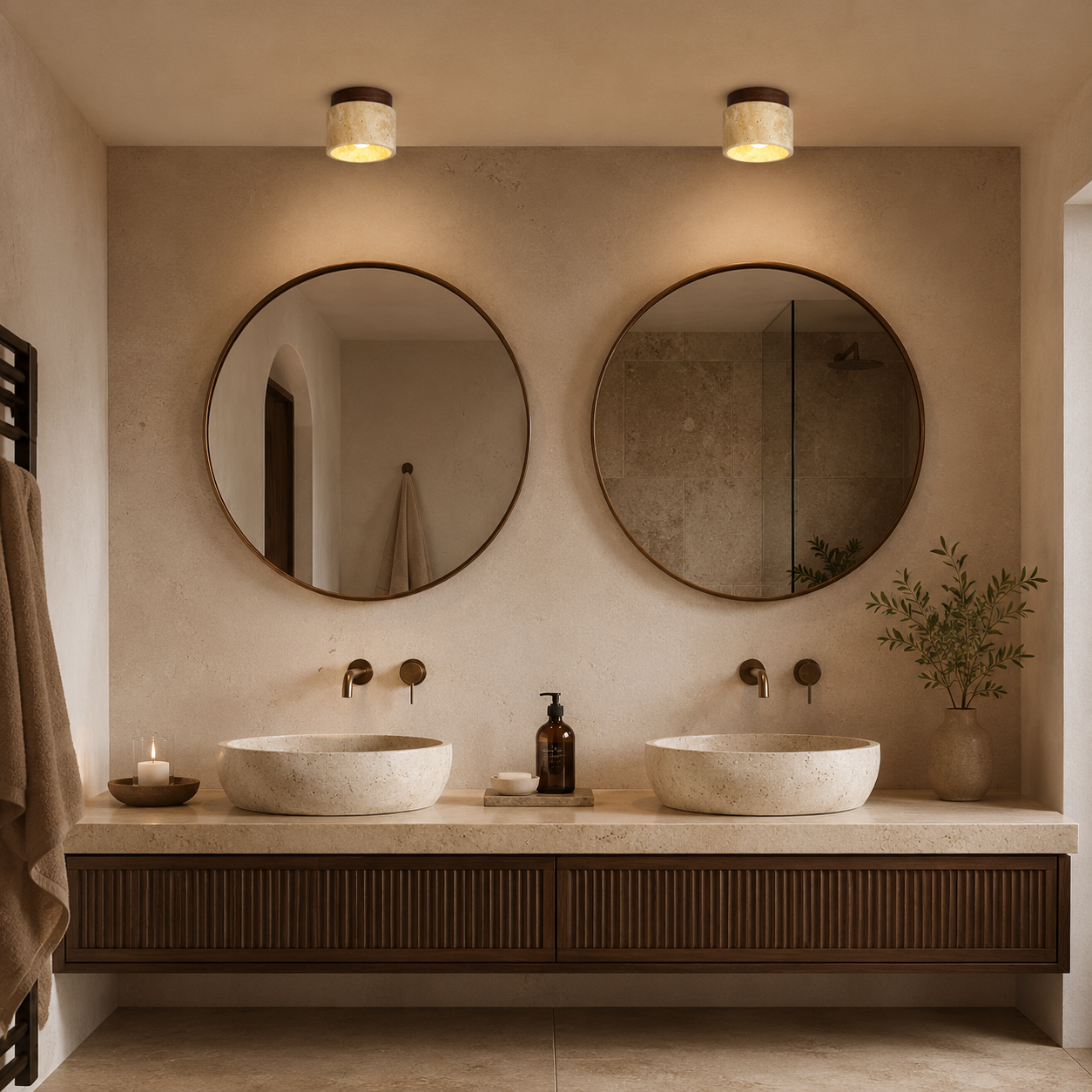 Stone & Wood Ceiling Light, Japandi Flush Mount Downlight