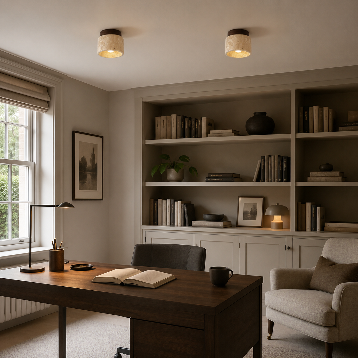 Stone & Wood Ceiling Light, Japandi Flush Mount Downlight