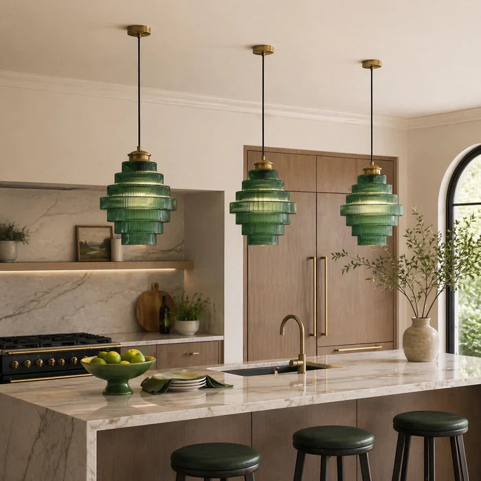 Tiered Ribbed Glass Pendant Light, Art Deco Brass Ceiling Lamp