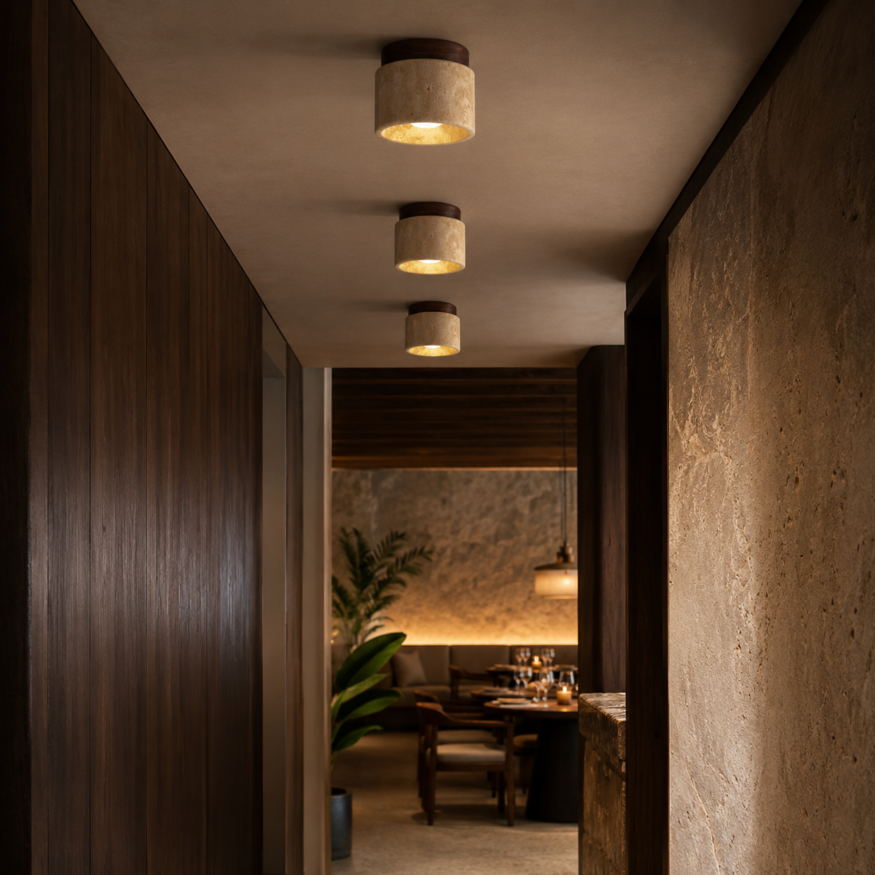 Stone & Wood Ceiling Light, Japandi Flush Mount Downlight